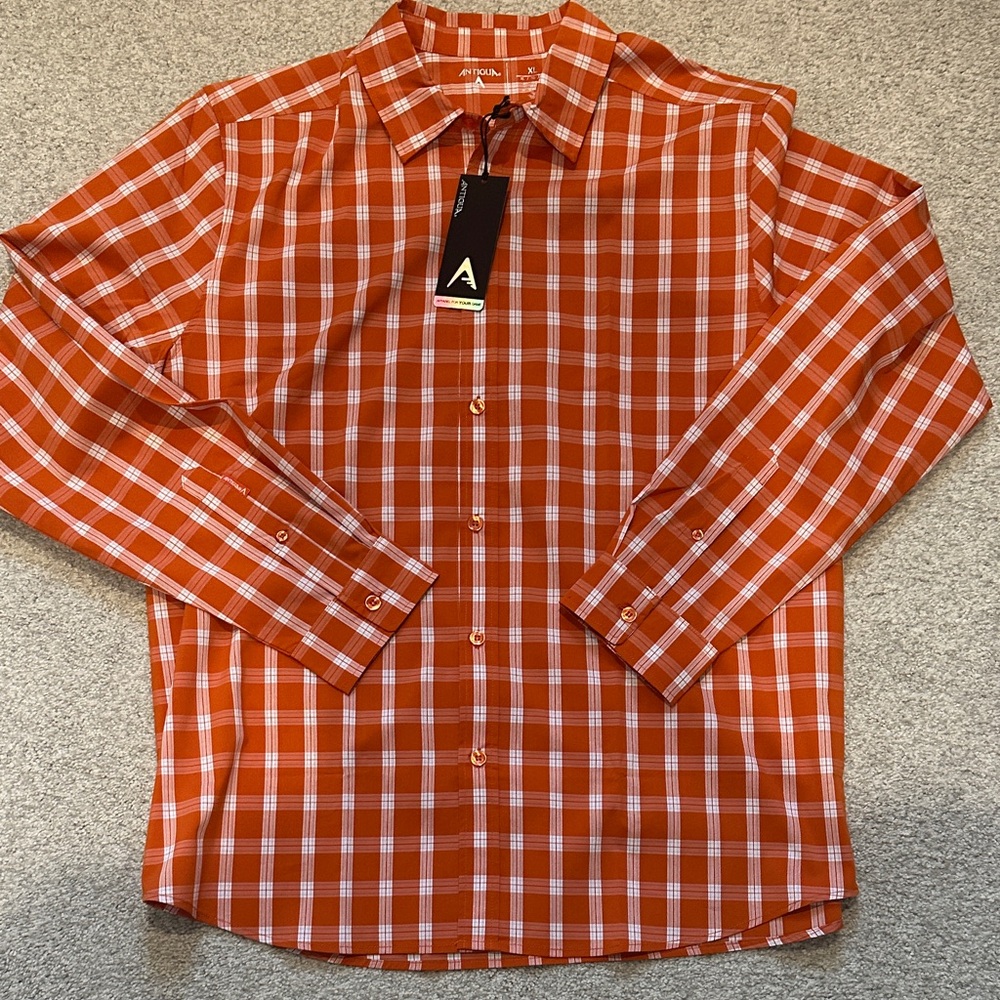 Antigua Men's Orange and White Checkered Button Down Shirt